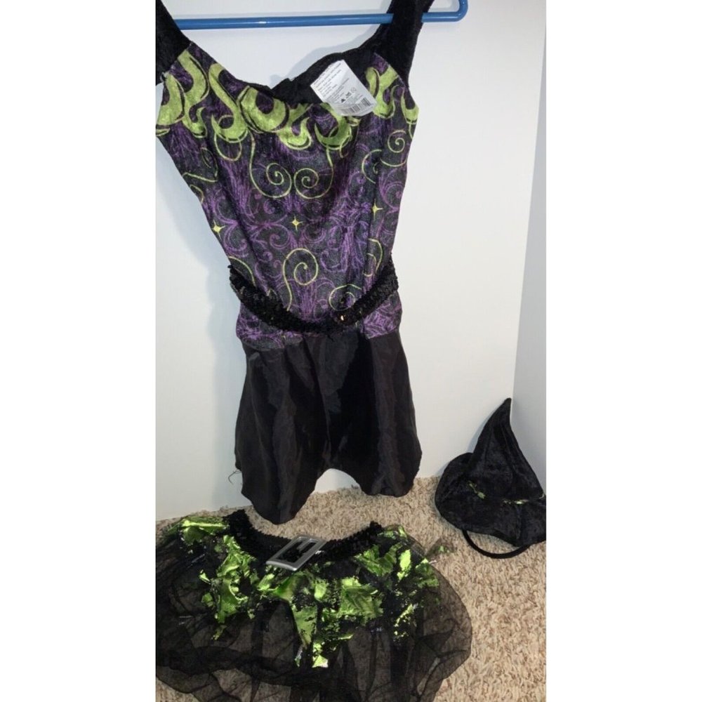 Witches Halloween Dress-Girls Med 8/10-Black/Green/Purple-Dress Up Fantasy Play - Picture 1 of 5